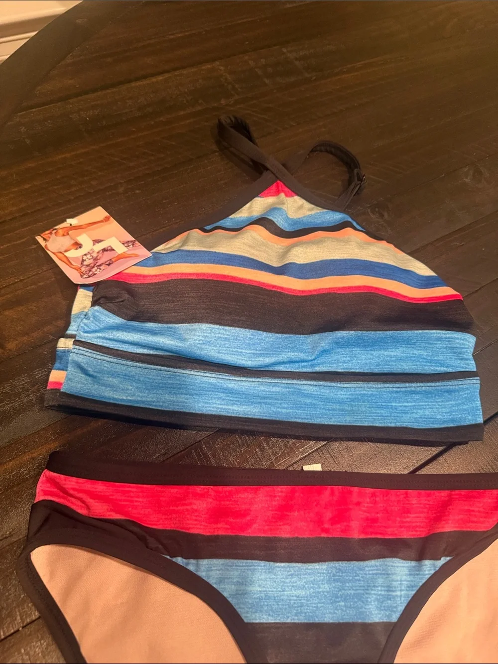 JoyLab Striped Crop Swim Top & Bikini Bottoms Blue, Red, Black NWT Size S